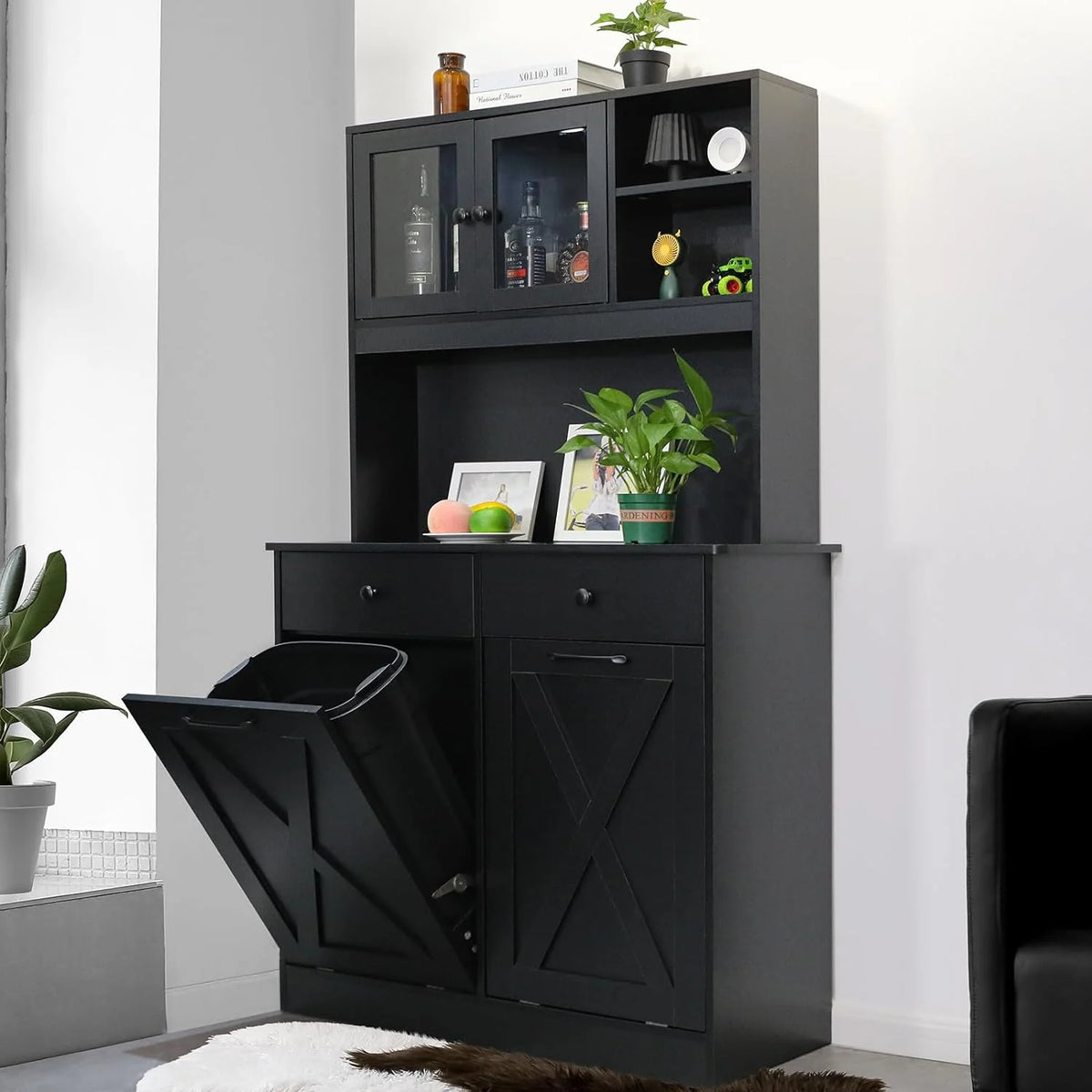 Arlopu Kitchen Pantry Storage Cabinet, Wooden Double Tilt Out Trash Cabinet Freestanding Garbage Bin Holder Recycling Cabinet with Drawers, Shelves