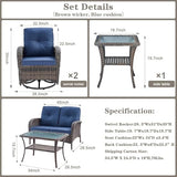 Patio Wicker Chairs Swivel Rocker – Outdoor Swivel Rocking Chairs Set of 2 with Rattan Side Table, Patio Swivel Glider Chair 3 Piece Patio Furniture Sets for Deck Porch Pool Brown/Blue
