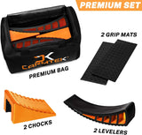 CARMTEK Camper Leveler Premium Kit – Curved RV Levelers with Camper Wheel Chocks, Rubber Mats and Carry Bag | Faster Camper Leveling Than RV Leveling Blocks