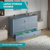 BALUS Murphy Bed Cabinet,Queen Murphy Bed with Tri-fold Mattress & USB Charging Station,Modern Wall Chest Beds with Folding Night Stand Trays and Storage Drawers for Bedroom Living Room,Grey-Blue