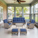 Patio Wicker Chairs Swivel Rocker – Outdoor Swivel Rocking Chairs Set of 2 with Rattan Side Table, Patio Swivel Glider Chair 3 Piece Patio Furniture Sets for Deck Porch Pool Brown/Blue