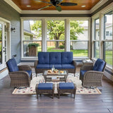 Patio Wicker Chairs Swivel Rocker – Outdoor Swivel Rocking Chairs Set of 2 with Rattan Side Table, Patio Swivel Glider Chair 3 Piece Patio Furniture Sets for Deck Porch Pool Brown/Blue