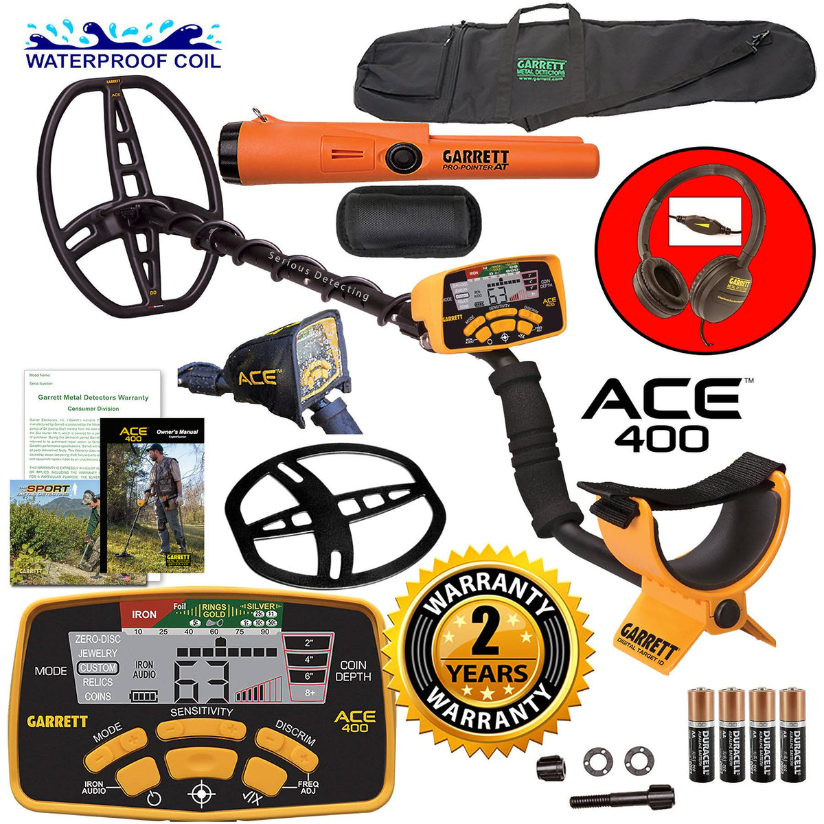 Garrett Ace 400 Metal Detector with Waterproof Coil Pro-Pointer at and Carry Bag