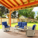 Patio Wicker Chairs Swivel Rocker – Outdoor Swivel Rocking Chairs Set of 2 with Rattan Side Table, Patio Swivel Glider Chair 3 Piece Patio Furniture Sets for Deck Porch Pool Brown/Blue