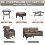 Patio Wicker Chairs Swivel Rocker – Outdoor Swivel Rocking Chairs Set of 2 with Rattan Side Table, Patio Swivel Glider Chair 3 Piece Patio Furniture Sets for Deck Porch Pool Brown/Blue