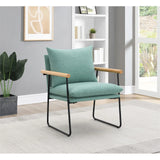 Dutton Armchair in Sage Green Fabric with Natural Arms and Black Sled Base