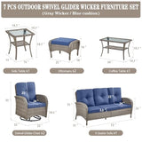 Patio Wicker Chairs Swivel Rocker – Outdoor Swivel Rocking Chairs Set of 2 with Rattan Side Table, Patio Swivel Glider Chair 3 Piece Patio Furniture Sets for Deck Porch Pool Brown/Blue