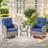Patio Wicker Chairs Swivel Rocker – Outdoor Swivel Rocking Chairs Set of 2 with Rattan Side Table, Patio Swivel Glider Chair 3 Piece Patio Furniture Sets for Deck Porch Pool Brown/Blue