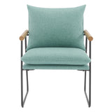 Dutton Armchair in Sage Green Fabric with Natural Arms and Black Sled Base