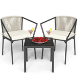 Dextrus 3-Piece Patio Conversation Bistro Set, Outdoor Wicker Dining Table Chairs Set, With 2 Stackable Chairs, Cushions, Side Table – White