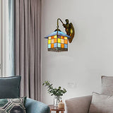 LITFAD Tiffany Style Stained Glass Wall Sconce Lighting, Mediterranean Aqua Petal Shape LED Wall Lamp Flower 1 Light Tiffany Antique Brass Wall Mount Lamp for Bedroom Villa Restaurant, Blue