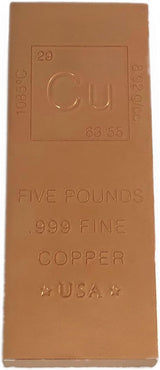 Unique Metals 5 Pound Copper Bar Bullion with Element Design – .999 Pure