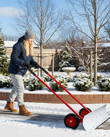 Outvita Snow Shovel with Wheels, 29 Wide 18 Long Snow Plow Shovel Angle & Height Adjustable Padded Handle Efficient Snow Clean Tool for Driveway or Pavement (Yellow)