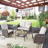Patio Wicker Chairs Swivel Rocker – Outdoor Swivel Rocking Chairs Set of 2 with Rattan Side Table, Patio Swivel Glider Chair 3 Piece Patio Furniture Sets for Deck Porch Pool Brown/Blue
