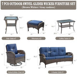 Patio Wicker Chairs Swivel Rocker – Outdoor Swivel Rocking Chairs Set of 2 with Rattan Side Table, Patio Swivel Glider Chair 3 Piece Patio Furniture Sets for Deck Porch Pool Brown/Blue