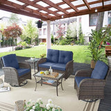 Patio Wicker Chairs Swivel Rocker – Outdoor Swivel Rocking Chairs Set of 2 with Rattan Side Table, Patio Swivel Glider Chair 3 Piece Patio Furniture Sets for Deck Porch Pool Brown/Blue