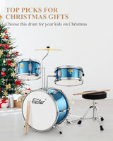 Kids Drum KIt Eastar 3-Piece for Beginners, 14 inch Drum Set with Adjustable Throne, Cymbal, Pedal & Two Pairs of Drumsticks, Junior Drum Set with Bass Tom Snare Drum, Metallic Sky Blue